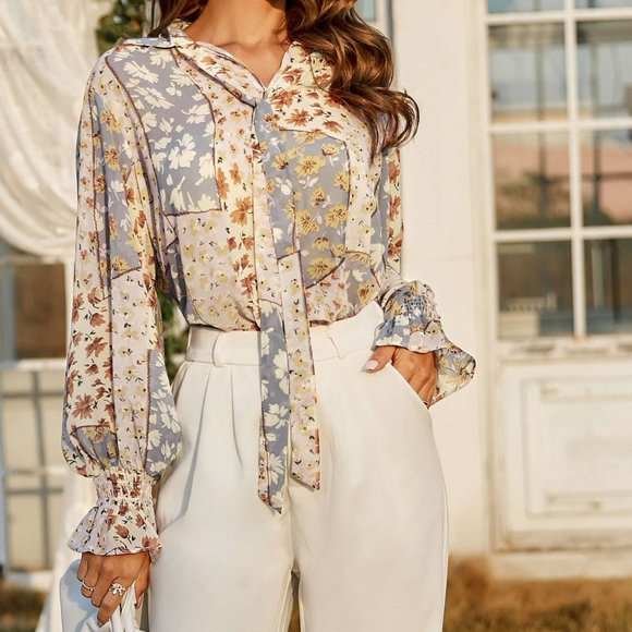 SHEIN Tops - Mixed patchwork ditsy floral print tie neck blouse